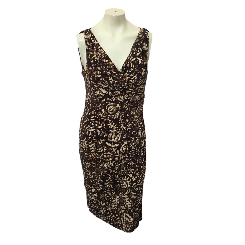 Lauren Ralph Lauren Dress 10 Brown Tan Abstract Ruched V Neck Stretch Sheath